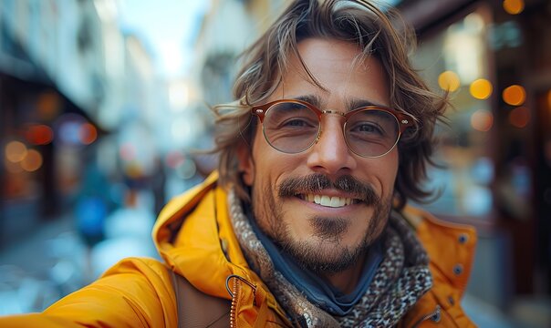 A handsome young man is taking a selfie on a city street, smiling happily and walking outdoors.