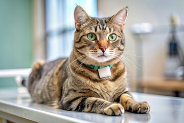 Fototapeta premium A calm adult cat lies on a veterinary examination table, a small bandage on its neck, a new microchip identification device recently implanted.