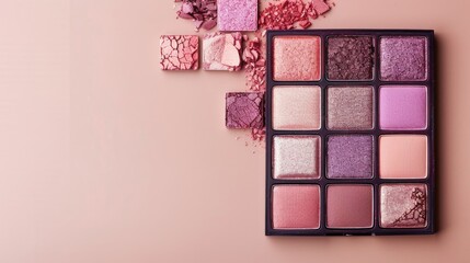 Palette of vibrant eye shadow in pink purple and neutral shades on beige backdrop with space Female beauty product in square packaging viewed from top with cosmetic samples flatly