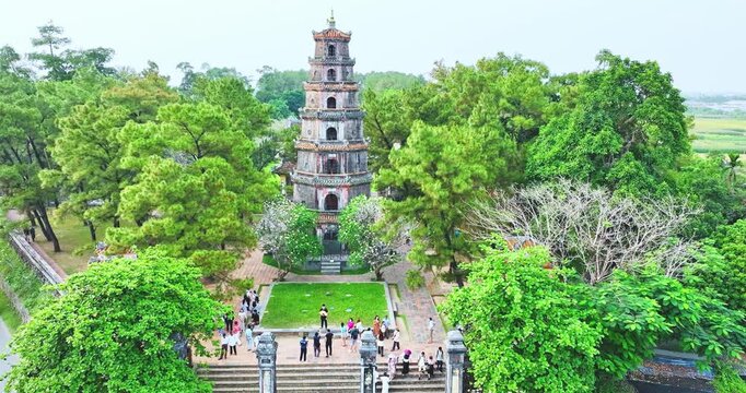 Aerial views of Thien Mu pagoda in Hue city, Vietnam