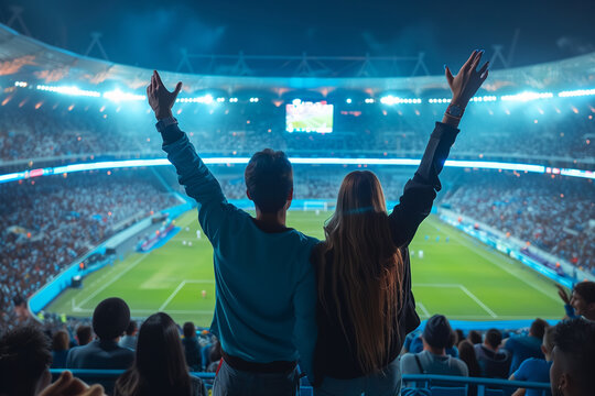 Young couple cheering for their team during sports match on stadium