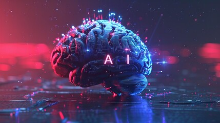 The futuristic brain contains AI text representing artificial intelligence, technology, data science and innovative Internet projects. The banner of business