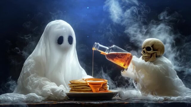 A Halloween white sheet ghost pours syrup on pancakes in a dark room