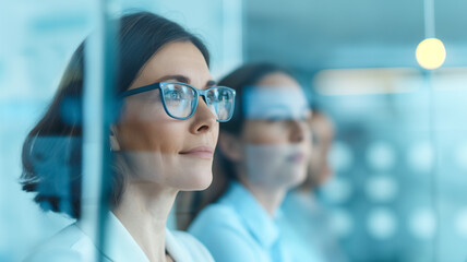 A businesswoman with glasses focuses on data on a transparent screen in a modern office, highlighting her concentration and analytical skills and reflecting technology's role in business.