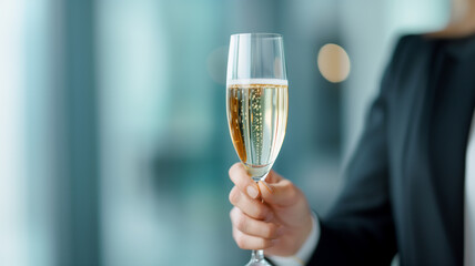 Obraz premium A person in a black suit holds a glass of champagne, highlighting a business celebration. The glass and hand are in focus, with a blurred, modern background.