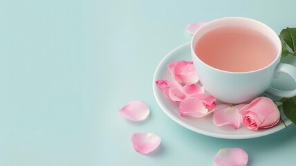 Rose petals, hot water, floral brew, flat design illustration