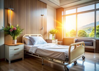 Soothing hospital room ambiance, gentle light on empty bed, calming atmosphere, serene background for depicting mindfulness and relaxation amidst chronic pain struggles.
