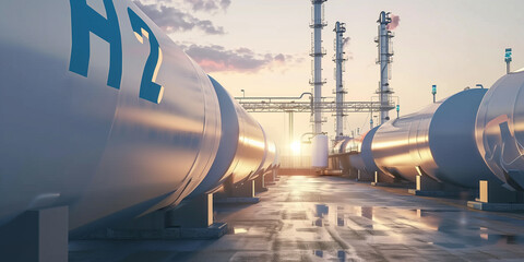 A hydrogen storage facility at sunset with large H2 tanks and industrial infrastructure, capturing the reflection of the evening light on the metallic surfaces of the storage tanks.