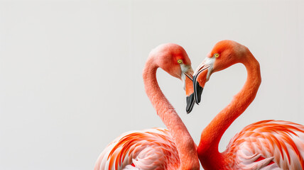 Obraz premium Two pink flamingos on a white background, copy space for text