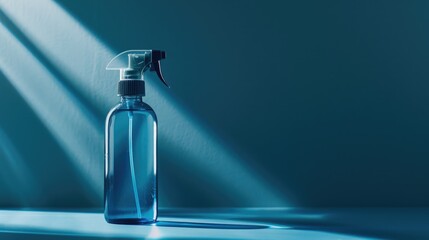 A blue spray bottle sits atop a table, ready for use