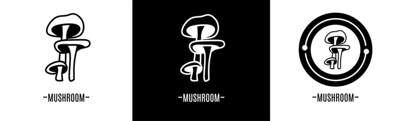 Mushroom logo set. Collection of black and white logos. Stock vector.