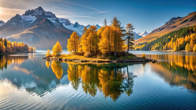 Morning tranquility at Lake Sils with autumn larch-covered island in Engadin, Switzerland, autumn, larches, island