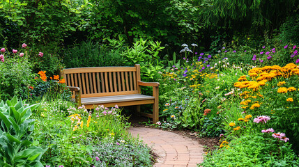 Obraz premium A cozy garden corner featuring a wooden bench surrounded by colorful plants and flowers 
