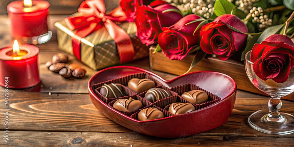 Poster Romantic Valentine's Day dinner featuring a heart-shaped chocolate box surrounded by love-themed decorations, Valentines