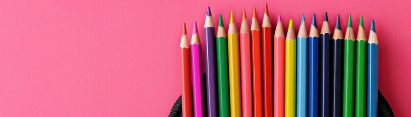 Fototapeta premium A vibrant collection of colored pencils arranged neatly against a pink background, perfect for art and school projects.