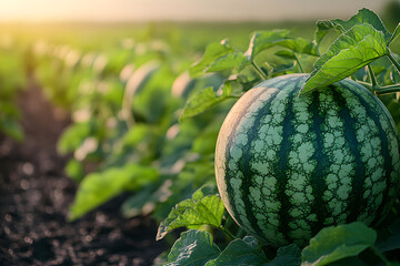 Close-Up of Fresh Watermelon Growing Among Green Leaves.