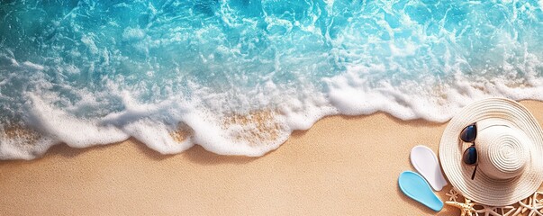 Fototapeta premium sand beach and clear water background banner design with summer white hat, sunglasses, flip flop and empty space for text 