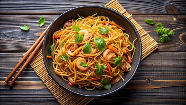 Bami, Fried noodles Asian food on background, Bami, noodles, fried, Asian, food, chicken, vegetables, dish, delicious