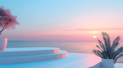 3ds realistic pink landscape with sun and sea and podium with romantic scene