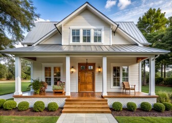 Fototapeta premium A front door detail of a white modern farmhouse with a wooden front door and a covered porch.