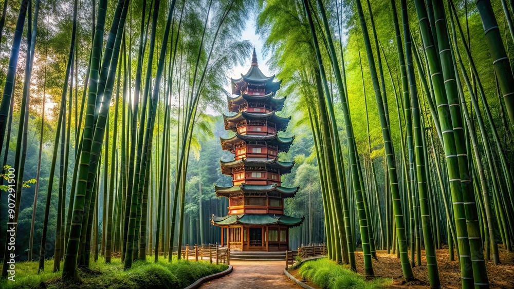 Wall mural Iconic oriental tower nestled in a serene bamboo forest, Oriental, Tower, Bamboo, Forest, Serene, Iconic, Asian, Culture