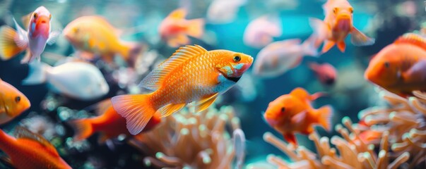 Vibrant underwater scene featuring colorful fish swimming among coral, showcasing the beauty of marine life in a lively aquarium.