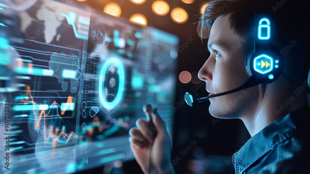 Poster cybersecurity analyst monitoring a system on a computer screen, focusing on data security and protec