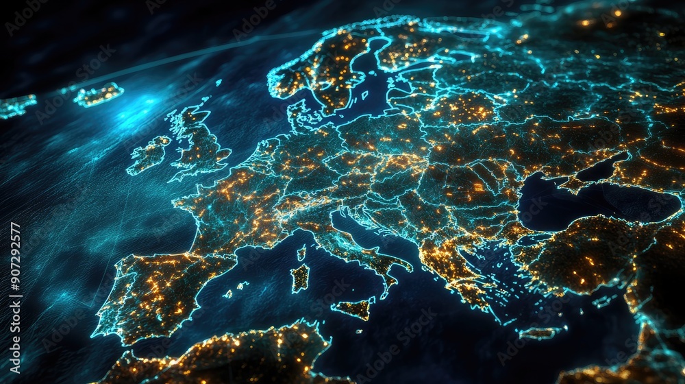 Poster An illuminated digital map of Europe with interlinked nodes, representing the EU's data network and telecommunication systems.