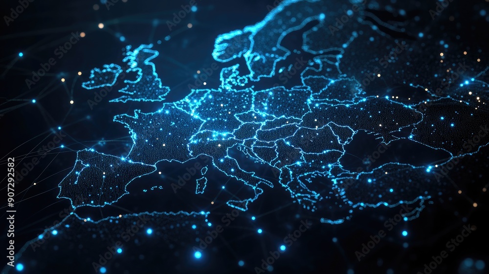 Poster An illuminated digital map of Europe with interlinked nodes, representing the EU's data network and telecommunication systems.