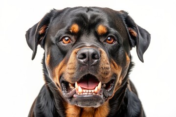 Obraz premium Menacing Rottweiler with sharp teeth and glowing eyes growls aggressively, its muscular body tense, isolated on a pure white background, exuding intimidation and power.