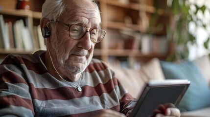 Obraz premium Elderly man with hearing aids using a digital tablet for hearing assistance and interactive learning