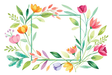 Watercolor Floral Frame with Colorful Flowers and Green Leaves
