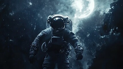 A lone astronaut navigating through the cosmos, with Earth in the distance and a backdrop of twinkling stars. A captivating view of space travel.