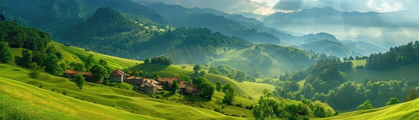 Fototapeta premium A beautiful green hillside with a small village in the distance