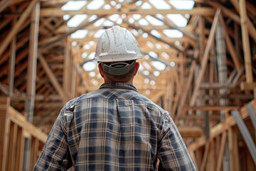 Fototapeta premium A man wearing a hard hat and plaid shirt stands in a building