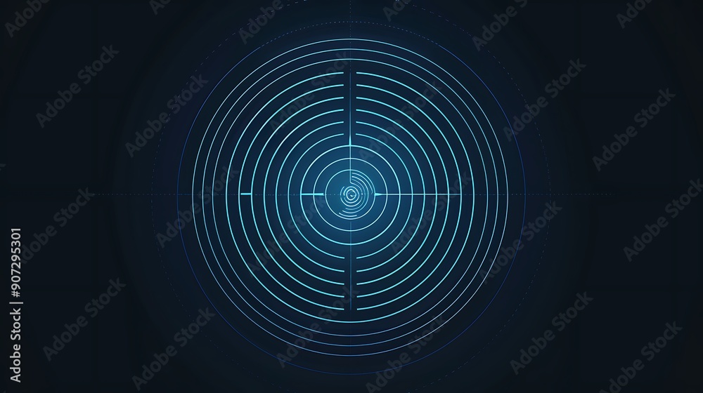 Poster close up view of an abstract circular design with concentric blue lines on a dark background. it cre