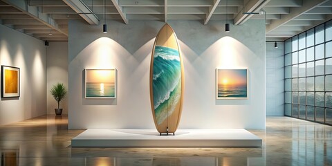 Surfboard displayed in a surf art showcase , surf art, exhibition, surfboard, showcase, ocean, waves, design, creativity