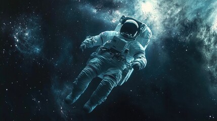 An astronaut floating in the vastness of space, surrounded by stars and galaxies. The scene captures the wonder and isolation of space exploration.