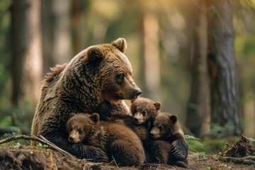 Obraz premium A mother bear is sitting with her cubs in the woods