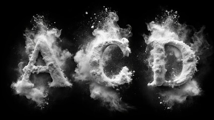 Letters A C D - White powder explosion font isolated on black background - uppercase letters from the alphabet - White contrasting with a black background text - White dust burst typeset
