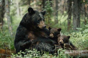 Fototapeta premium A mother bear is sitting on the ground with her two cubs