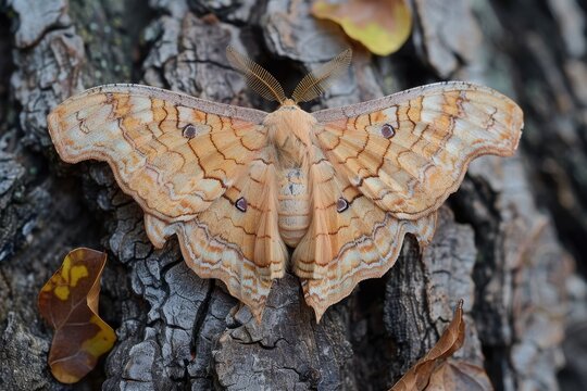A large brown and white butterfly is resting on a tree trunk