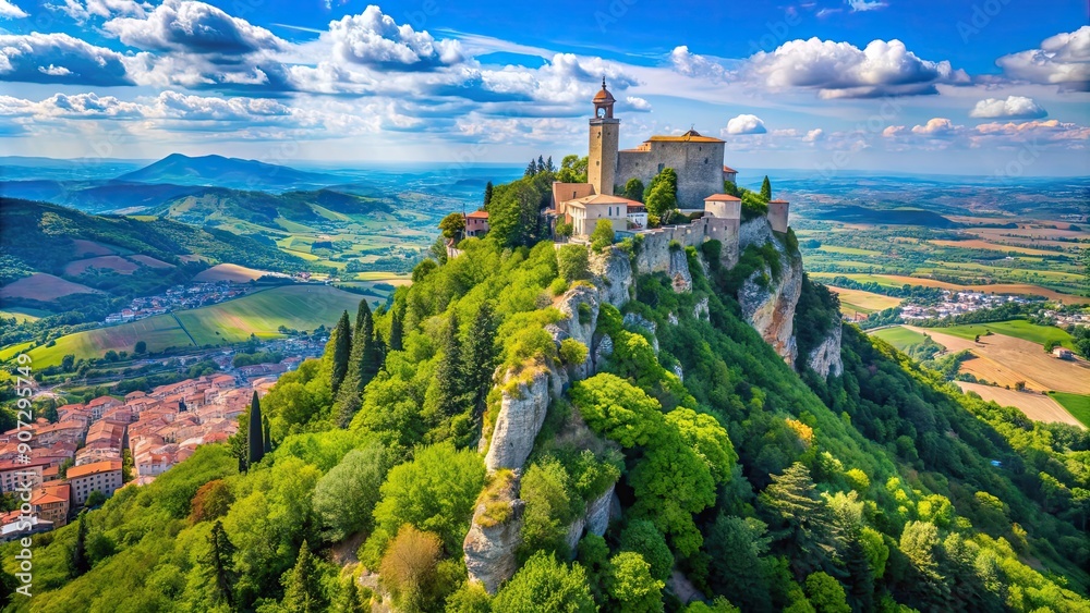 Sticker Summer view of Monte Titano, San Marino , travel, vacation, landscape, sunny, mountain, cityscape, skyline, Europe