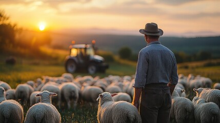 Farmer Caring for Sheep in Pasture with Tractor in Background on a Sunny Day, Panoramic View in Pastel Colors, Professional Photography Style

