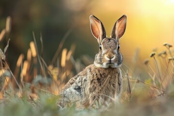 Fototapeta premium A rabbit is standing in a field of tall grass