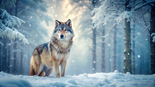 A majestic wolf standing in a snowy winter forest, wolf, wild, predator, nature, wildlife, snow, cold, fur, wilderness