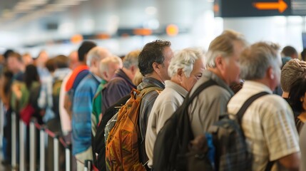 Travelers Lining Up at Airport Check-in Desks During Hectic Travel