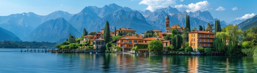 Fototapeta premium A beautiful mountain town with a lake in the background