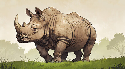 Fototapeta premium a Javan rhino standing in a grassy field, highlighting its distinct features and rugged texture against a plain background with ample copy space.