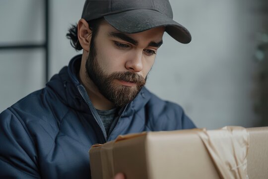 A man in a blue jacket is looking at a brown box